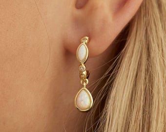 Delicate Opal Drop Hoop Stud Earrings, Dainty Gemstone Hoop Drops for Women, Minimalist Post Back Earrings, Bridesmaid Gift for Her
