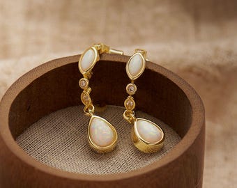 Delicate Opal Drop Hoop Stud Earrings, Dainty Gemstone Hoop Drops for Women, Minimalist Post Back Earrings, Bridesmaid Gift for Her