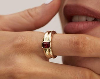 Custom Birthstone Ring, Stacking Ring • A Must Have, Double Band Birthstone Ring, Rectangular Gemstone Ring, Custom Ring for Her