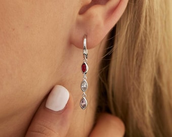 Custom Leaf Birthstone Huggie Earrings, Custom Birthstone Jewelry, Marquise Gemstone Earring, Daily Earrings, Grandma Earrings, Gift for Her
