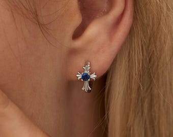 Custom Unisex Cross Hoop Earring, Daily Earrings, Birthstone Earrings, Birthday Gift, Bridesmaid Earring, Boyfriend Girlfriend Gift for Her