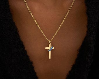 New Mum Gift, Gold Cross Necklace with Birthstone, Baby Shower Gift for Mum to Be, Push Present, Personalised Christian Keepsake