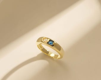 Duo Gemstone Dome Ring, Chunky Stackable Band, Custom Toi et Moi Style Ring, Personalized Gift for Her