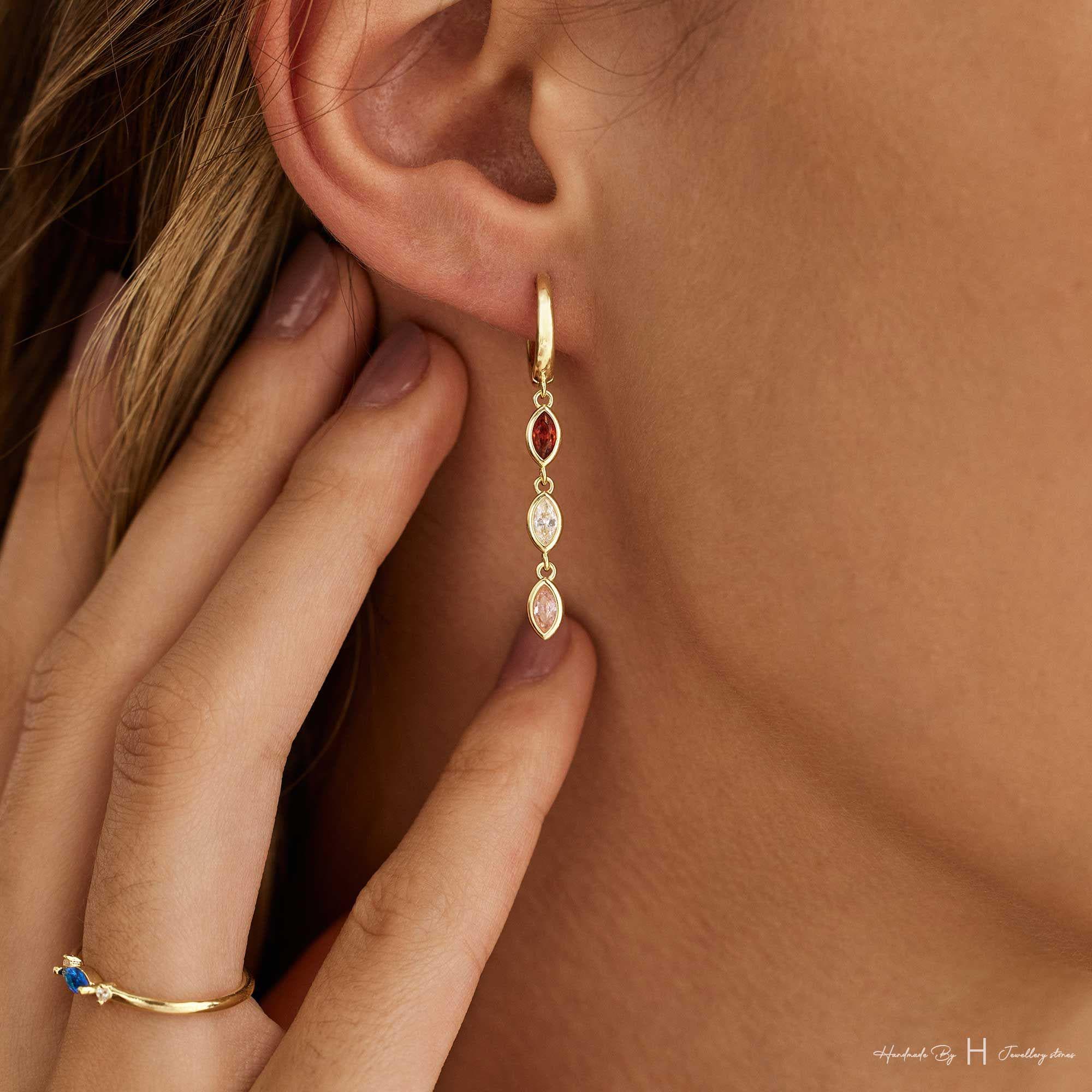 Custom Leaf Birthstone Earrings, Daily Earring, Diamond Dangle Earrings, Birthday Gift, Grandma Gift for Mom, Mothers Day Gift for Her
