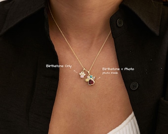 Pet Memorial Photo Locket with Birthstone, Personalized Paw Necklace, Keepsake for Dog Cat Lover, Christmas Gift for Her, Pet Loss Gift