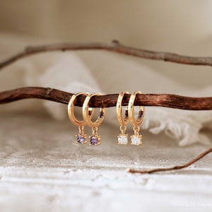 Pendientes de piedra de nacimiento personalizados, pendientes de piedra de nacimiento diarios, pendientes de aro colgantes de diamantes, regalo para mamá, regalo de Navidad, regalo para el Día de la Madre para ella