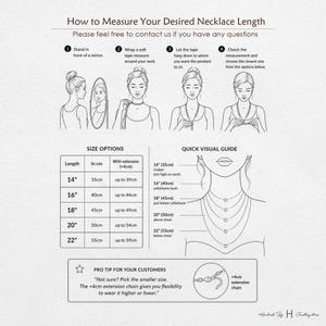 May include: An instructional infographic titled How to Measure Your Desired Necklace Length. It features four numbered steps, a size options table with measurements in inches and cm, and a visual guide showing necklace lengths from 14 to 22 inches.