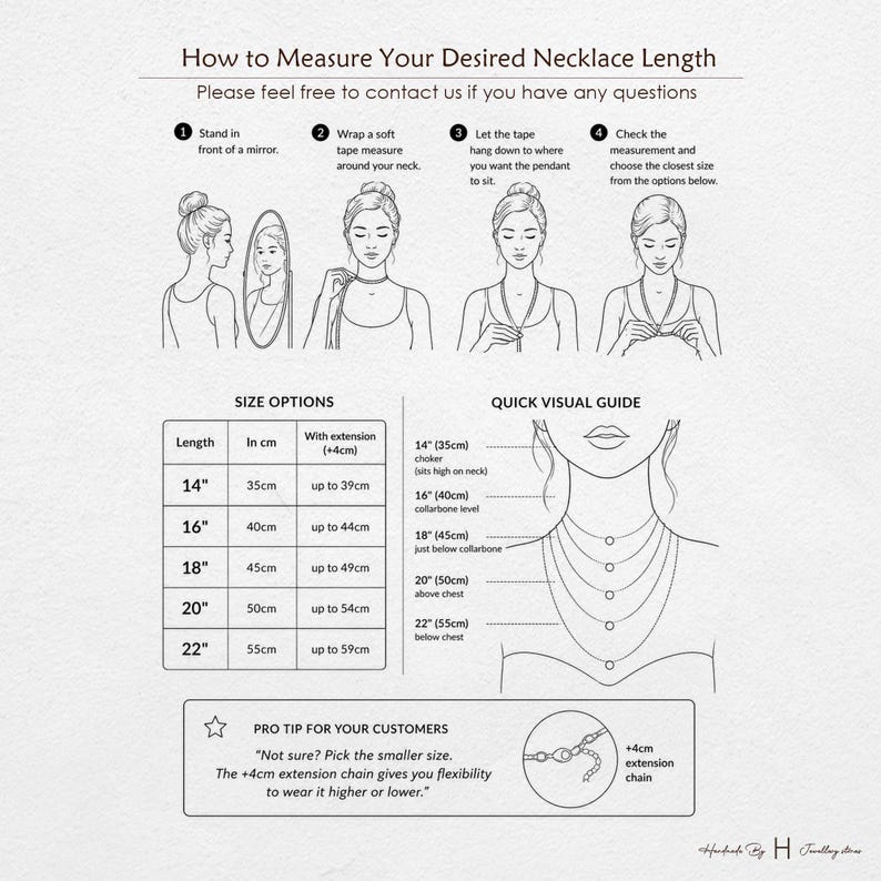 May include: An instructional infographic titled How to Measure Your Desired Necklace Length. It features four numbered steps, a size options table with measurements in inches and cm, and a visual guide showing necklace lengths from 14 to 22 inches.