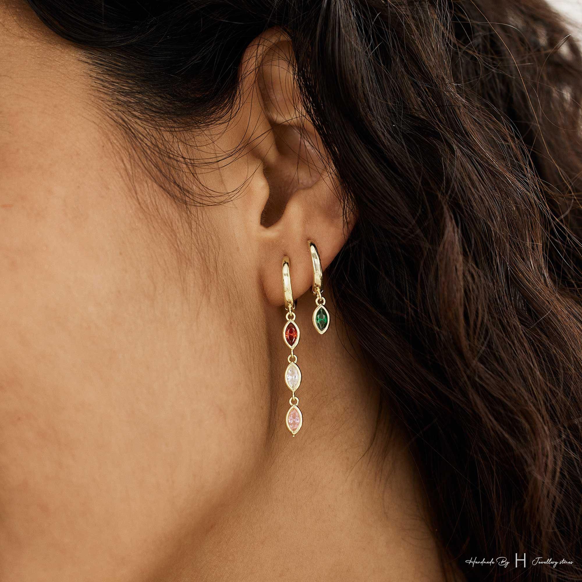Custom Leaf Birthstone Earrings, Daily Earring, Diamond Dangle Earrings, Birthday Gift, Grandma Gift for Mom, Mothers Day Gift for Her