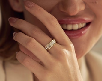 Custom Baguette Birthstone Ring, Half Eternity Minimalist Stackable Ring, Christmas Gift for Her