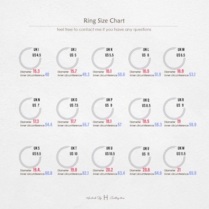 May include: A ring size chart featuring fifteen circular outlines labeled with UK and US sizes, ranging from UK I to UK W and US 4.5 to US 11.5. Each entry displays specific diameter and inner circumference measurements in millimeters for reference.