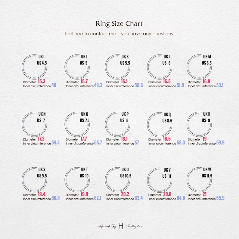 May include: A ring size chart featuring fifteen circular outlines labeled with UK and US sizes, ranging from UK I to UK W and US 4.5 to US 11.5. Each entry displays specific diameter and inner circumference measurements in millimeters for reference.