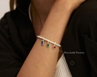 Detachable Birthstone Pendant, Beaded Chain Bracelet with Birthstone Pendant, 4mm 8mm Pearl Bracelet, Custom Charm for Her