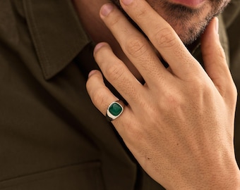 Mens Jade Pinky Ring, Natural Green Jade Signet Band, Minimalist Stackable Ring, Christmas  Gift for Him, Boyfriend Dad Grandpa Ring