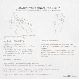 May include: An instructional graphic titled MEASURE YOUR FINGER FOR A RING. It features line drawings of hands using a paper strip and a pencil to measure a finger, alongside a ruler icon. Text provides step-by-step instructions for two methods.