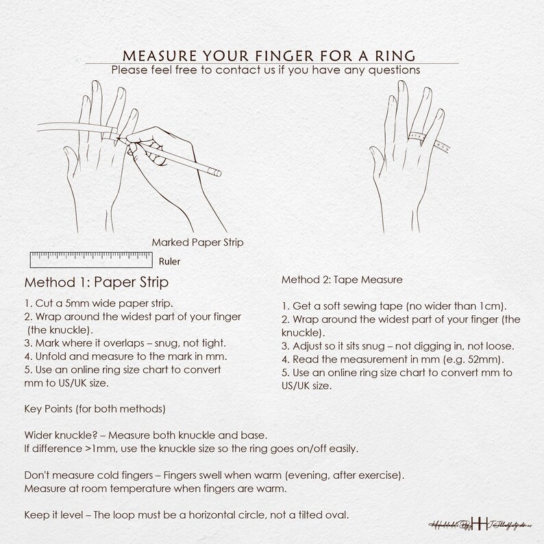 May include: An instructional graphic titled MEASURE YOUR FINGER FOR A RING. It features line drawings of hands using a paper strip and a pencil to measure a finger, alongside a ruler icon. Text provides step-by-step instructions for two methods.