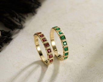 Square Birthstone Stacking Band, Custom Bezel Set Family Ring, Art Deco Geometric Jewelry, Gift for Teachers, Wedding Gift for Her