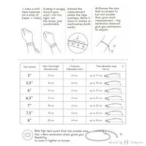 May include: A black and white instructional infographic for measuring wrist size for a bracelet. It includes four steps with illustrations, a table listing sizes from 5 inches to 8 inches with corresponding metric lengths, and a pro tip section.