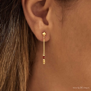 Personalised Baguette Birthstone Earrings, Daily Earring, Minimalist Diamond Dangle Earrings, Grandma Gift for Mom, Mothers Day Gift for Her