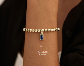 Detachable Birthstone Pendant, Beaded Chain Bracelet with Birthstone Pendant, 4mm 8mm Pearl Bracelet, Custom Charm for Her