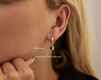 Custom Birthstone Earrings for Girlfriend, Engraved Name Earring, Heart Stone Dangle Earrings, Birdesmaid Gift, Christmas  Gift for Her