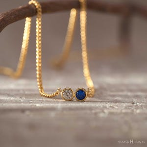 May include: A gold chain necklace featuring two circular bezel-set stones side-by-side. One stone is a clear, faceted white gemstone, and the other is a deep blue, smooth-surfaced gemstone. The necklace is draped over a curved brown branch.