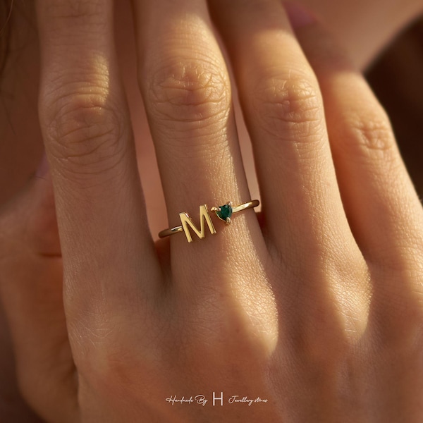 Heart Birthstone Ring for Women, Personalized Letter Ring, Mom Birthday Gift, Stackable Dainty Ring for Her, Initial Birthstone Ring
