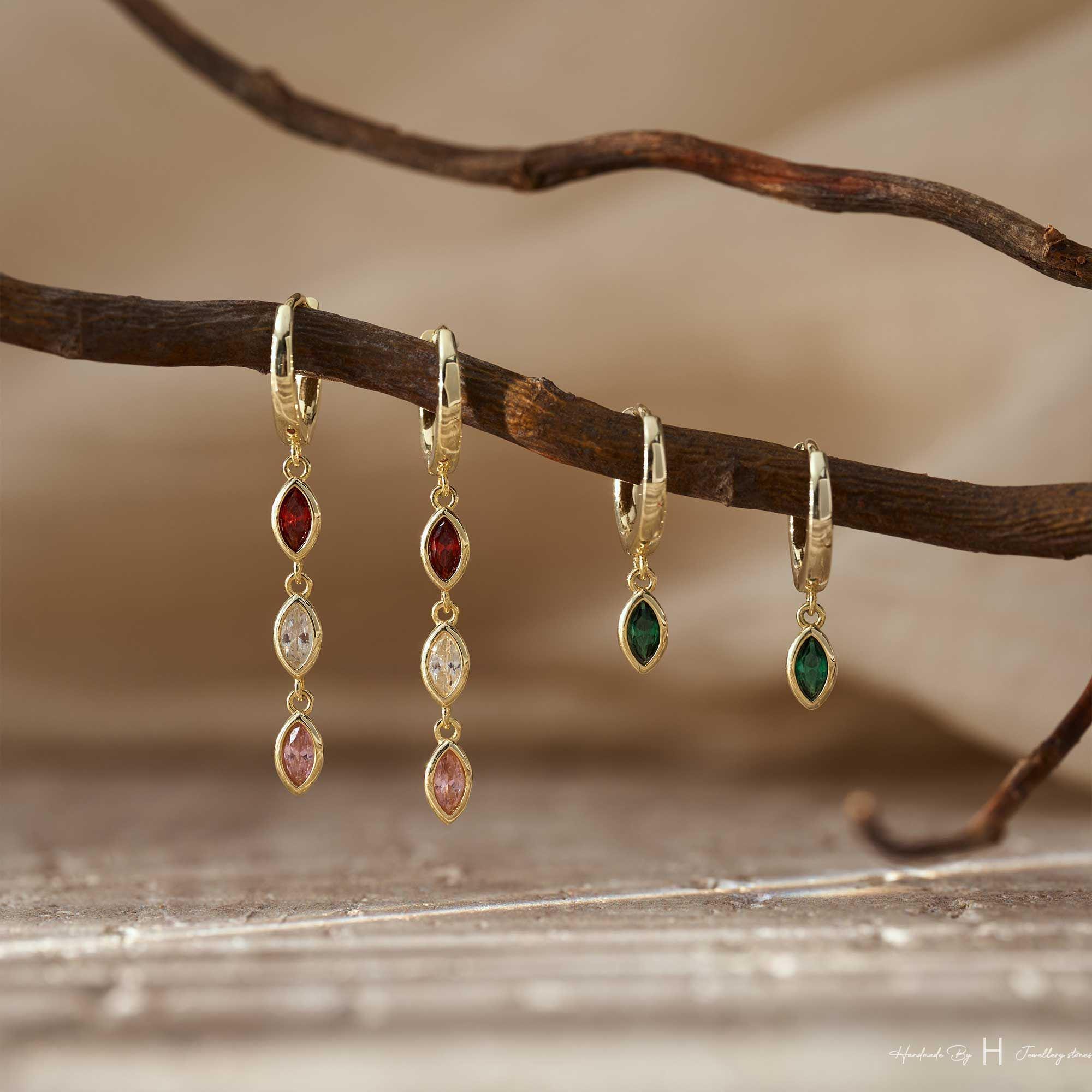 Custom Leaf Birthstone Earrings, Daily Earring, Diamond Dangle Earrings, Birthday Gift, Grandma Gift for Mom, Mothers Day Gift for Her