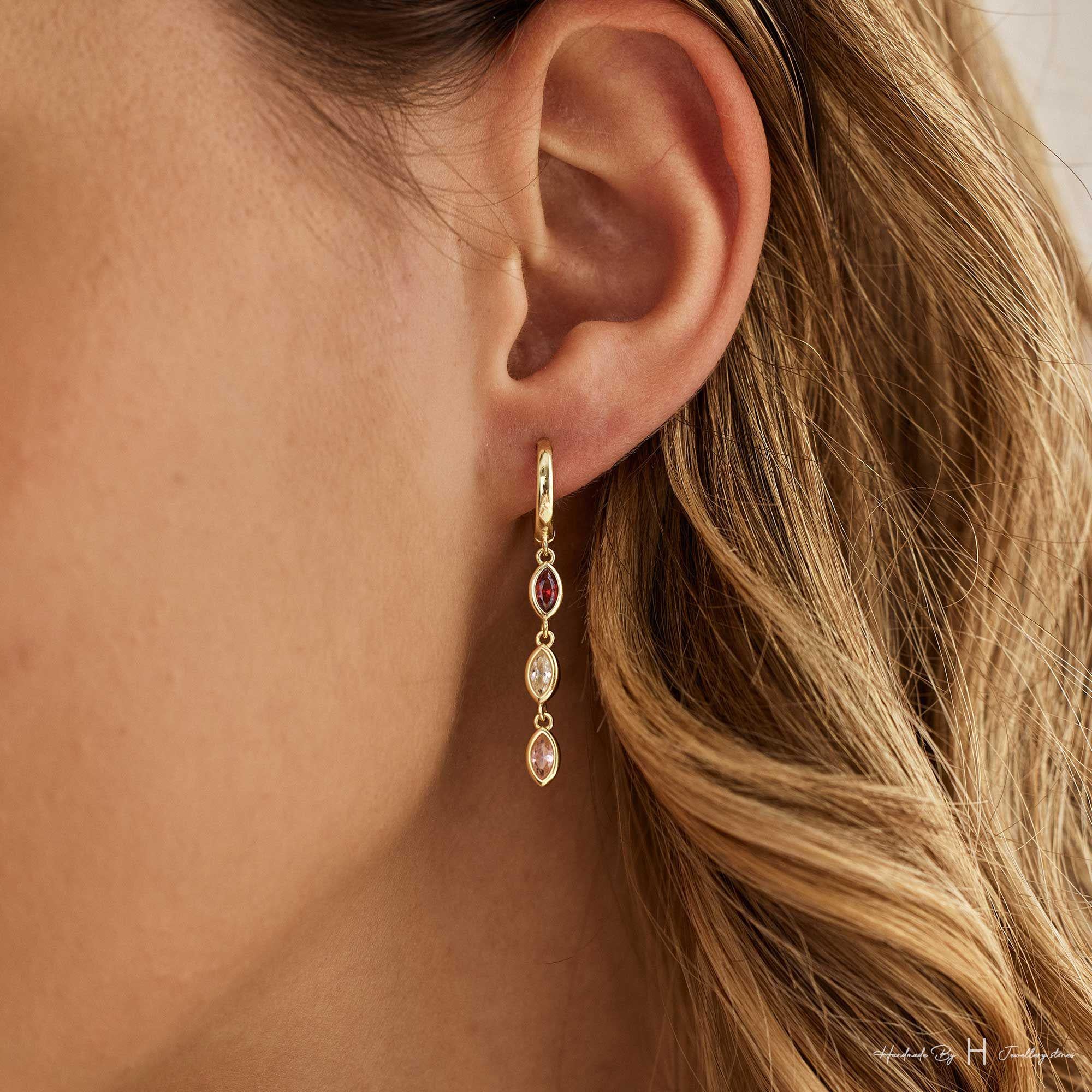 Custom Leaf Birthstone Earrings, Daily Earring, Diamond Dangle Earrings, Birthday Gift, Grandma Gift for Mom, Mothers Day Gift for Her