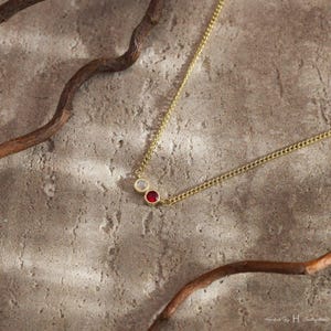 May include: A gold-tone chain necklace featuring two small, circular bezel-set stones. One stone is a translucent white gem, and the other is a vibrant red gem. The necklace is displayed with a thin, curved brown branch.