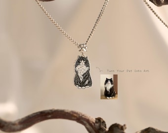 Custom Full Body Pet Portrait Necklace, Engraved Pet Memorial Jewelry, Dog Cat Necklace, Frosted Line Art Pendant, Christmas Gift for Her