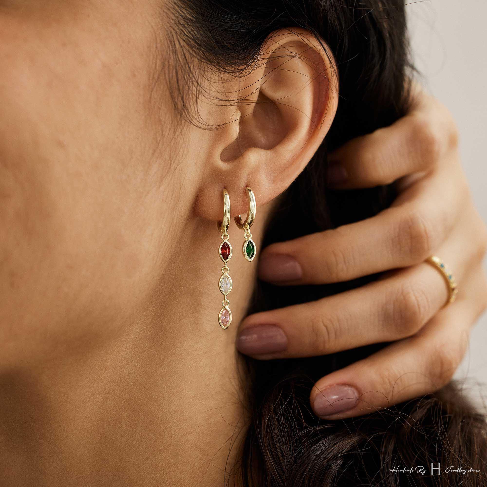 Custom Leaf Birthstone Earrings, Daily Earring, Diamond Dangle Earrings, Birthday Gift, Grandma Gift for Mom, Mothers Day Gift for Her