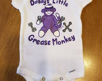 Daddy's Little Grease Monkey, Mechanic Baby Bodysuit, Garage Baby One Piece, Sock Monkey Mechanic, New Daddy Gift, Baby Clothing