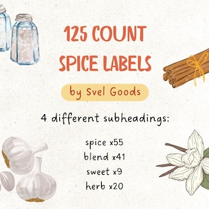 125 Minimalist Spice Labels, Stickers for Organizing Pantry, Food Containers Waterproof Vinyl Labels, Herbs & Seasonings in the Kitchen