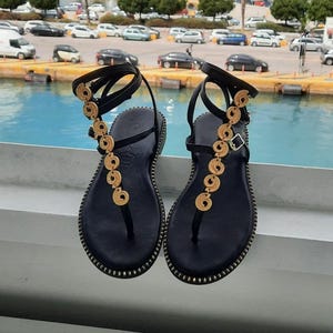 Handmade Black Leather Sandals with Golden Disc Accents – VCSTAFA