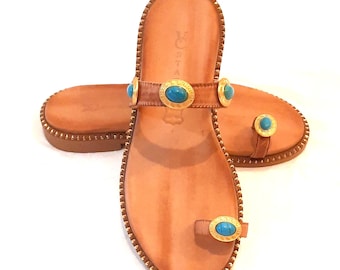 Model “Athena” – Handmade Natural Leather Sandals with Turquoise and Gold Embellishments