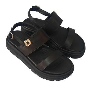 Handmade Black Leather Platform Sandals – Chunky Strap Design with Gold Buckle – Comfortable Everyday Flats for Women
