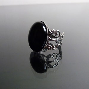 Victorian Black Onyx silver ring filigree - gemstone gothic goth steampunk elegance