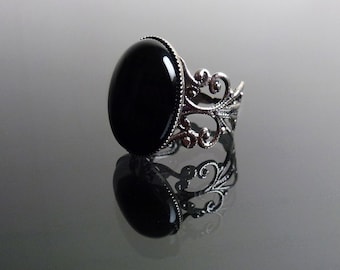 Victorian Black Onyx silver ring filigree - gemstone gothic goth steampunk elegance