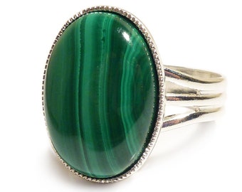Malachite gemstone Ring Semi Precious ring Green Gem Stone Oval Adjustable 18 x 13 mm Silver Plated