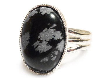 Snowflake Obsidian Gemstone Ring Semi Precious Black Gem Stone Oval Adjustable 18 x 13 mm Silver Plated