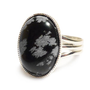 Snowflake Obsidian Gemstone Ring Semi Precious Black Gem Stone Oval Adjustable 18 x 13 mm Silver Plated