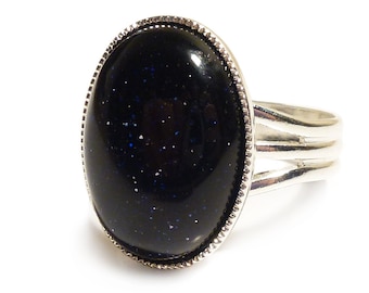 Blue Goldstone Gemstone Ring Semi Precious Gem Stone Oval Adjustable 18 x 13 mm Silver Plated