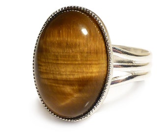 Tiger's eye Gemstone Ring Semi Precious Brown Gem Stone Oval Adjustable 18 x 13 mm Silver Plated