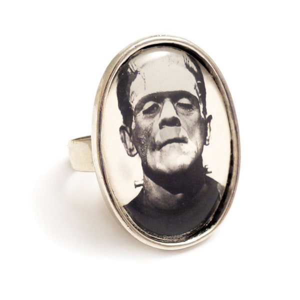 Anillo ajustable unisex de plata con el monstruo de Frankenstein - Boris Karloff 1931 gothic goth