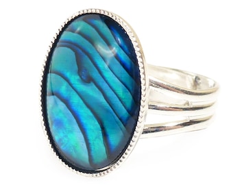 Blue Abalone Gemstone Ring Paua Shell Semi Precious Cabochon Oval Adjustable 18 x 13 mm Silver Plated