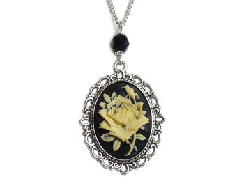 Victorian gothic Cameo necklace - Black Rose Steampunk Goth elegance pendant