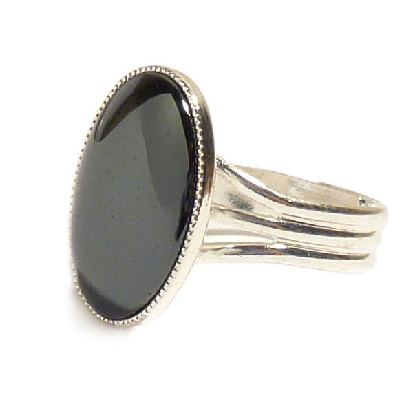 Bague Gemme Hématite Pierre Gemme Grise Semi Précieuse Ovale Unisexe Ajustable 18 x 13 mm Plaqué Argent