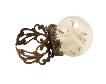 Dandelion ring Make a wish seed globe flower botanical ring, antique bronze filigree