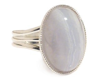 Blue Lace Agate Gemstone Ring Semi Precious Gem Stone Natural Oval Adjustable 18 x 13 mm Silver Plated